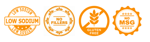 Four orange dietary seals: low sodium, no fillers, gluten-free, and no MSG.