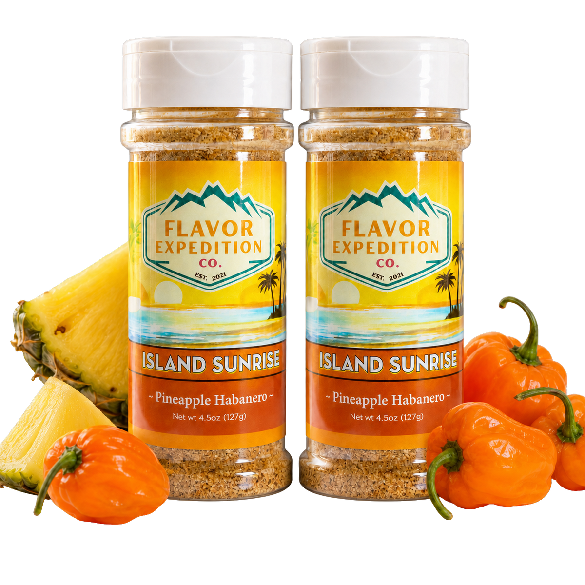 Two bottles of Flavor Expedition Co. Island Sunrise Pineapple Habanero seasoning with pineapples and habanero peppers on a white background. [pack-2]