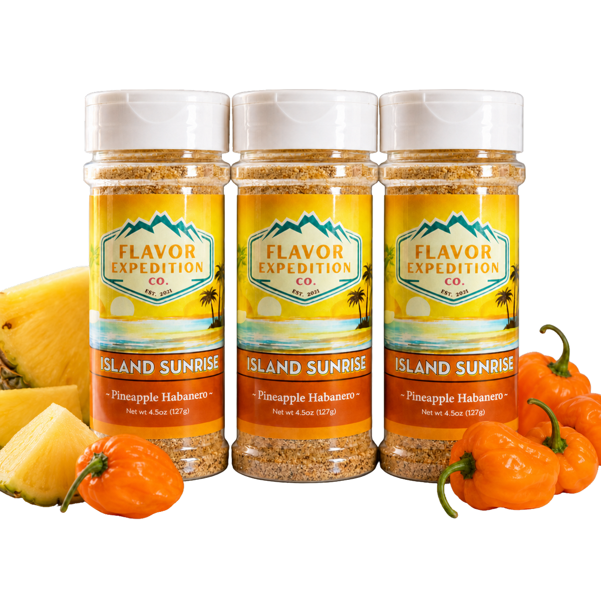 Pineapple Habanero Seasoning bottles with tropical pineapple and habanero peppers, Island Sunrise flavor. [pack-3]