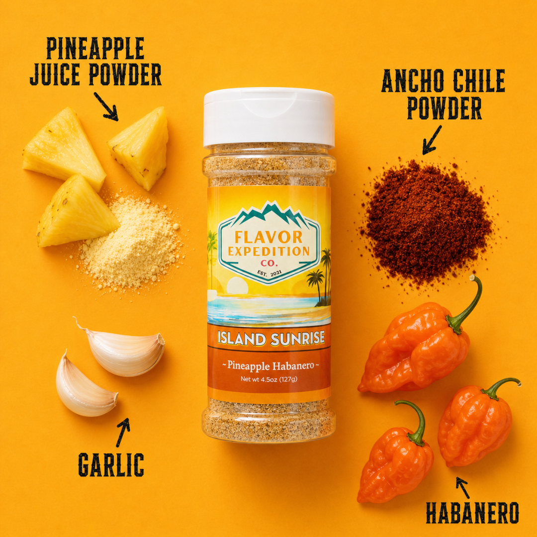 Image of Pineapple Habanero Seasoning with pineapple juice powder, garlic, ancho chile powder, and habanero peppers.