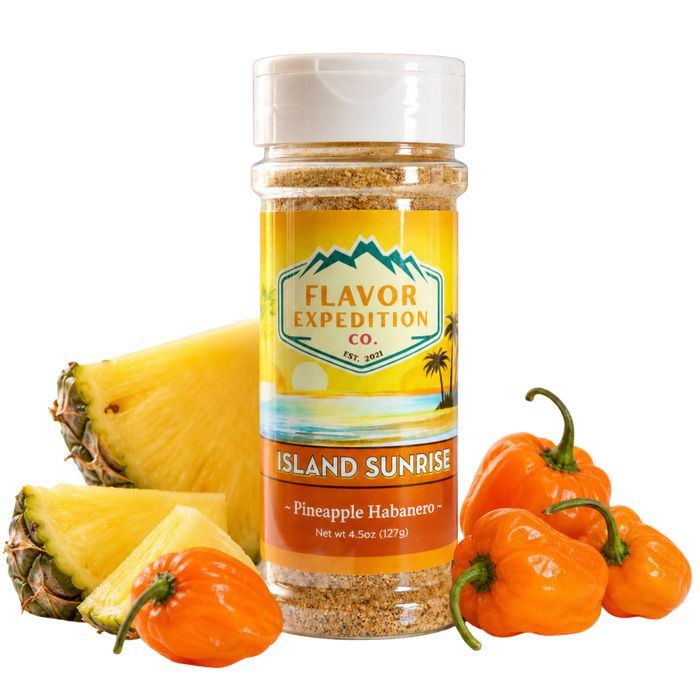 Spice jar labeled 'Flavor Expedition Co.' with pineapple and habanero peppers on a white background