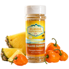 Spice jar labeled 'Flavor Expedition Co.' with pineapple and habanero peppers on a white background