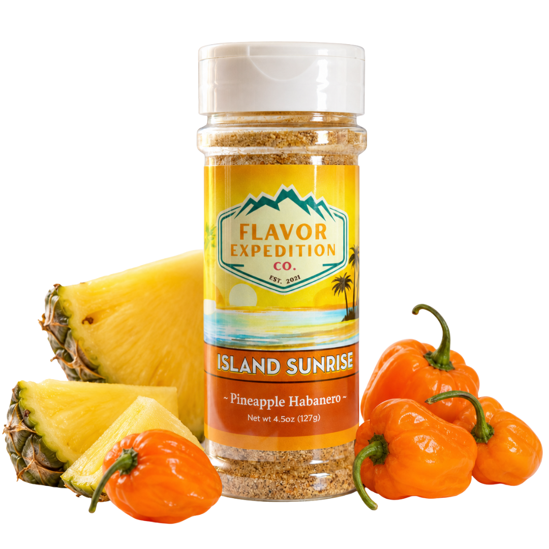 Pineapple Habanero Seasoning bottle accompanied by fresh pineapple and habanero peppers, showcasing vibrant flavors. [pack-1]