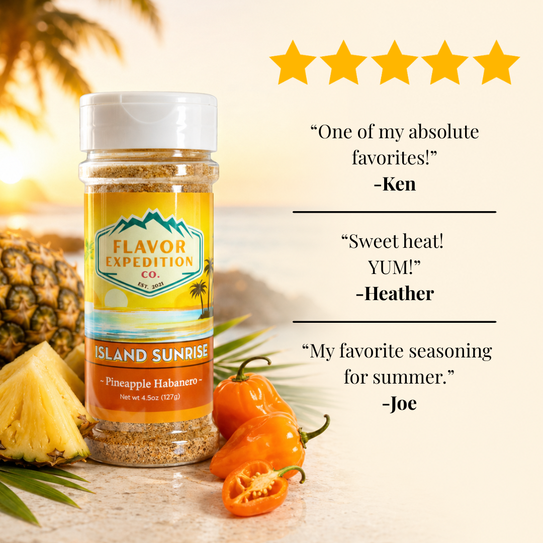 Pineapple Habanero Seasoning - Island Sunrise bottle with customer reviews and tropical background