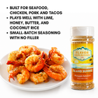 Shrimp on a plate with a bottle of Flavor Expedition Co. Island Sunrise seasoning.