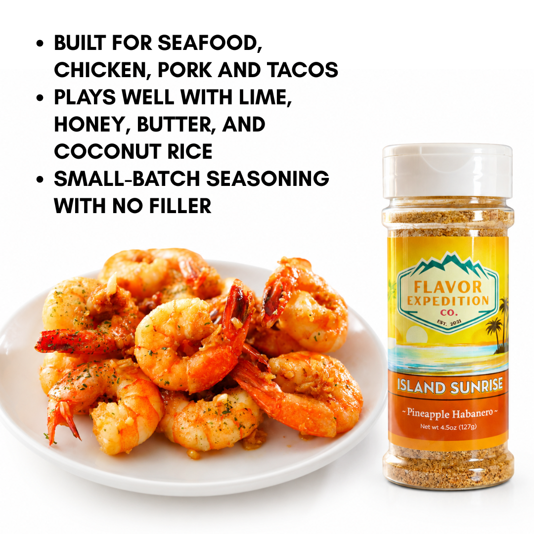 Pineapple Habanero Seasoning enhances seafood, chicken, pork, and tacos with bold tropical flavors.