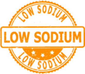 Orange circular stamp design declaring 'Low Sodium' for healthy food choices.