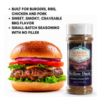 Burger with ingredients and a bottle of Flavor Expedition Co. Mellow Dusk seasoning on a white background.