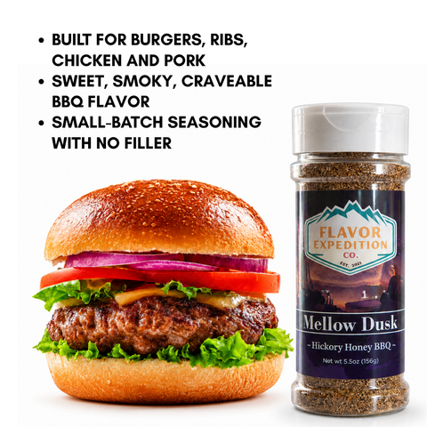 Burger with ingredients and a bottle of Flavor Expedition Co. Mellow Dusk seasoning on a white background.