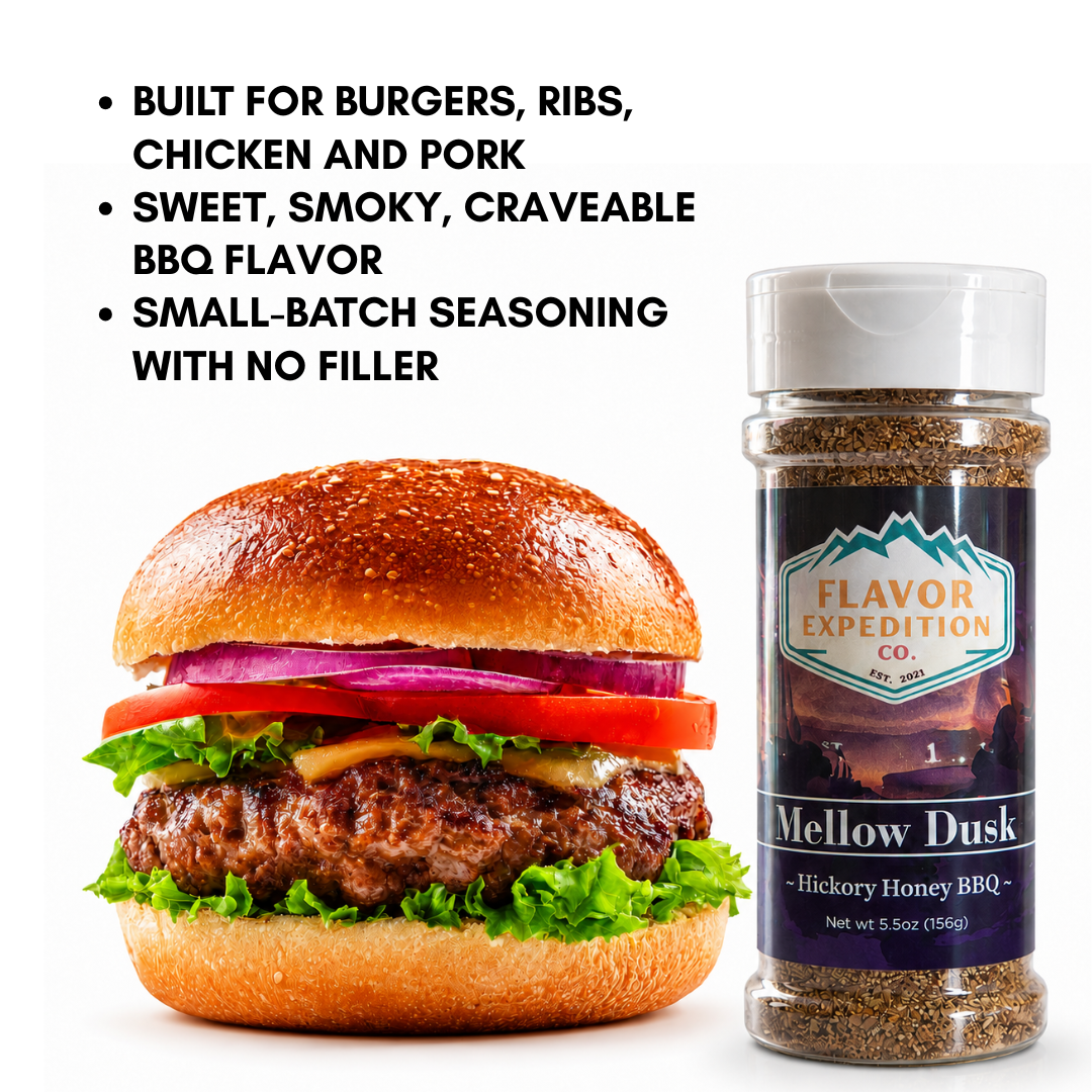 Hickory Honey BBQ Seasoning by Mellow Dusk showcased with a burger, enhancing meat dishes with smoky and sweet flavors.