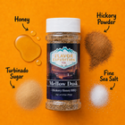 Bottle of 'Mellow Dusk' BBQ seasoning with labeled ingredients on an orange background