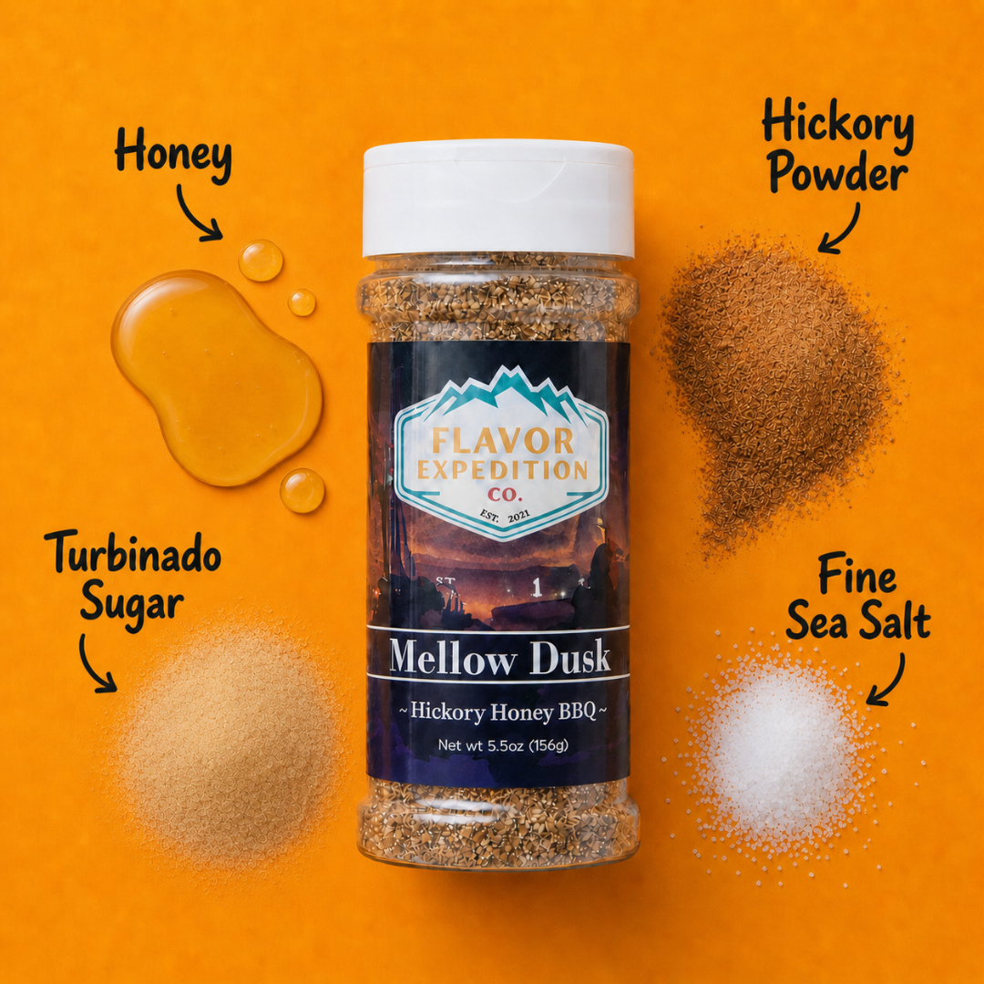 Hickory Honey BBQ Seasoning blend with honey, hickory powder, turbinado sugar, and fine sea salt on a vibrant orange background.