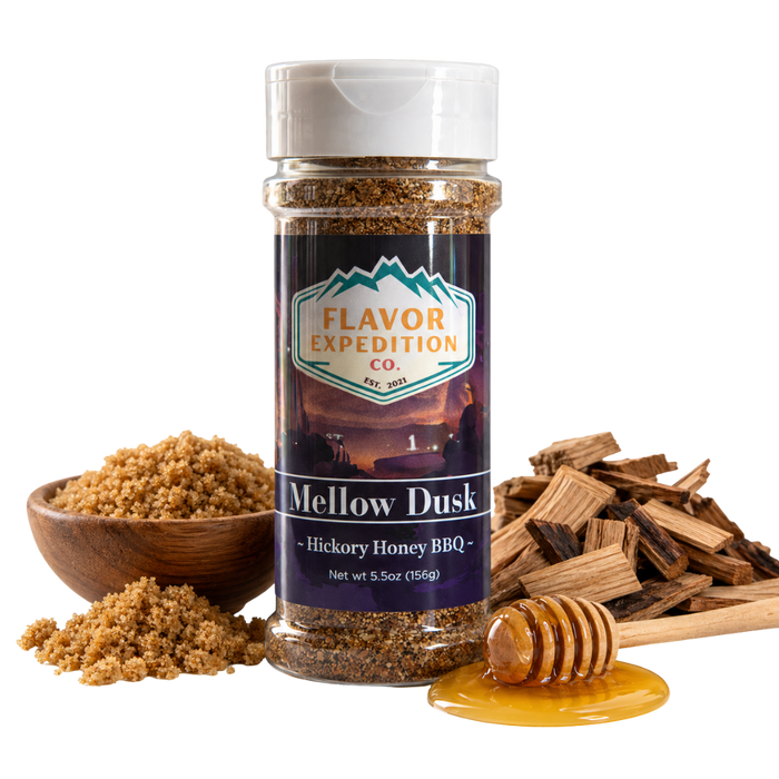 Spice jar labeled 'Mellow Dusk' from Flavor Expedition Co. with ingredients on a white background