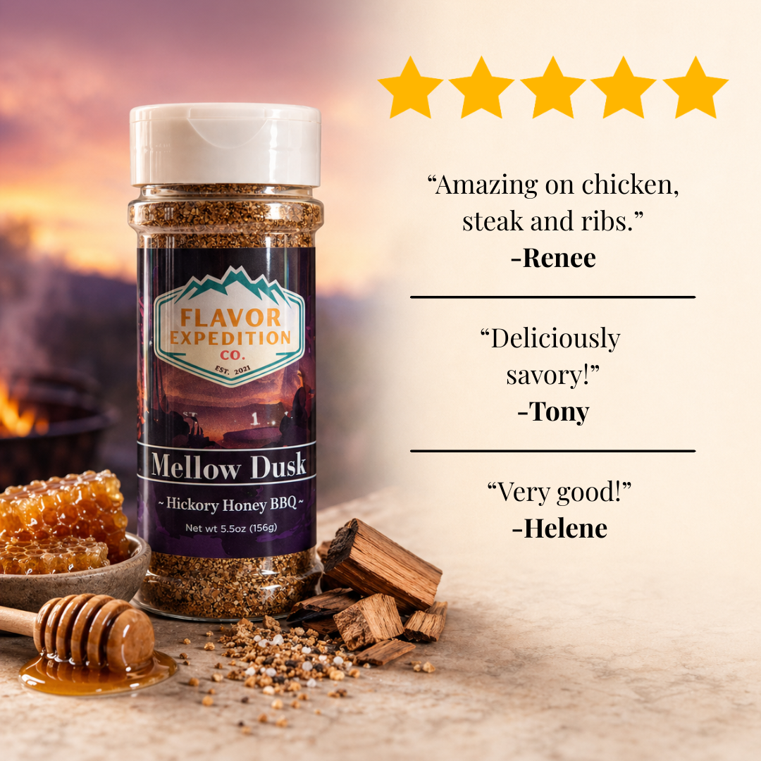 Hickory Honey BBQ Seasoning by Mellow Dusk in a jar with customer reviews for grilling meats.