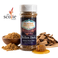 A bottle of Flavor Expedition Co. Mellow Dusk Hickory Honey BBQ seasoning stands centered on a white background, surrounded by ingredients including a wooden bowl of brown sugar, wood chips, and a honey dipper with honey. [pack-1]