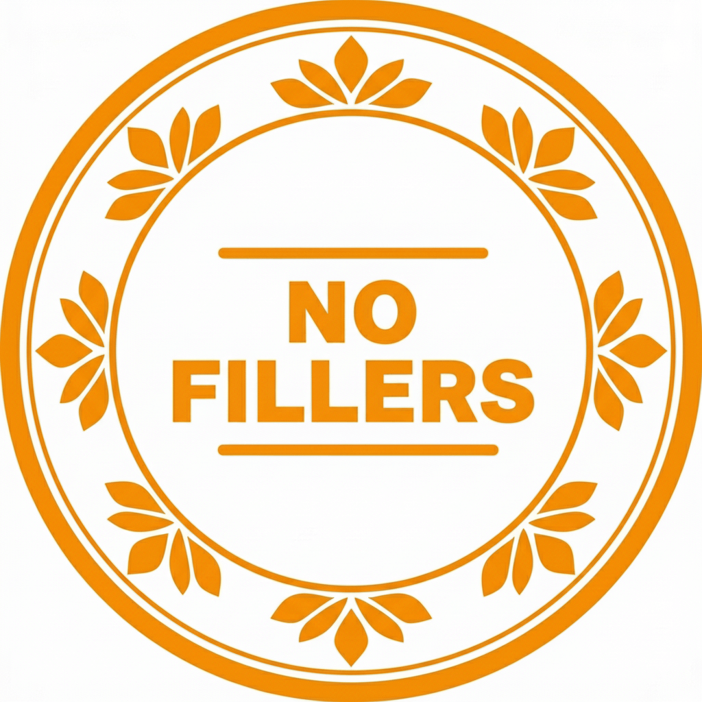 Circular logo with 'NO FILLERS' text surrounded by decorative elements