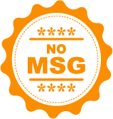 Orange badge with text 'NO MSG' emphasizing no monosodium glutamate in products.