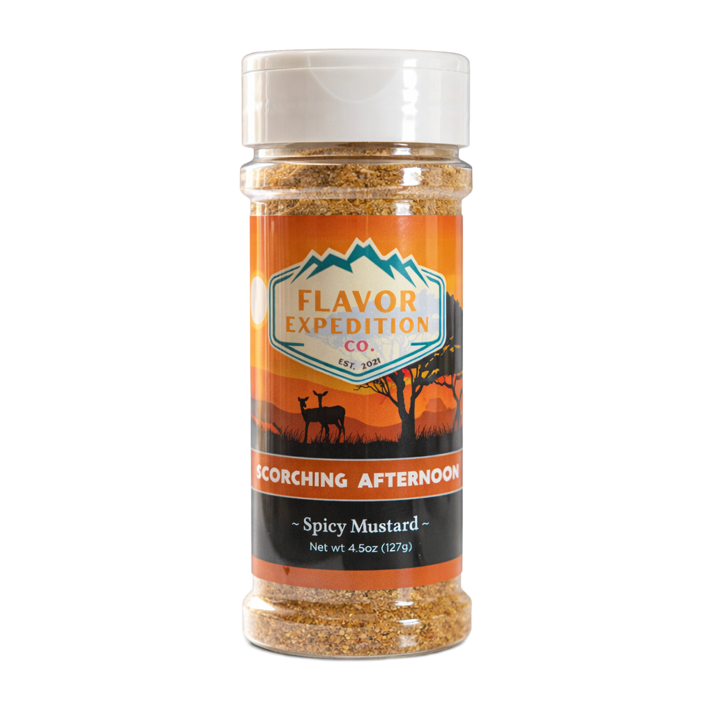 Spicy Mustard Seasoning - Scorching Afternoon in a clear bottle by Flavor Expedition, showcasing vibrant packaging.