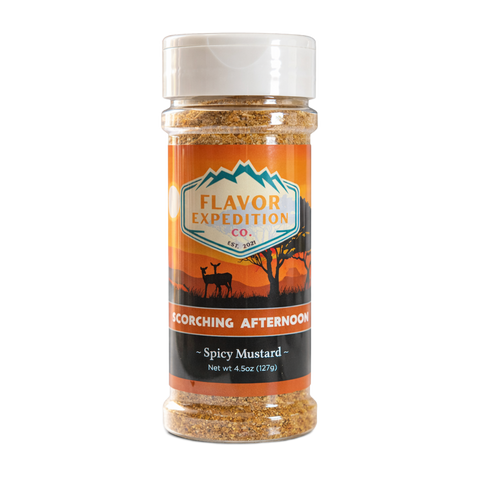 Spicy Mustard Seasoning - Scorching Afternoon in a clear bottle by Flavor Expedition, showcasing vibrant packaging.