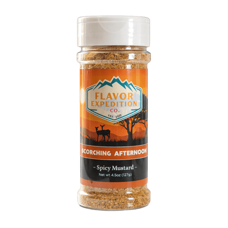 Spicy Mustard Seasoning - Scorching Afternoon in a clear bottle by Flavor Expedition, showcasing vibrant packaging.