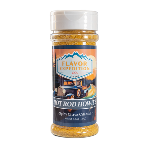 Bottle of Hot Rod Howie's Spicy Citrus Cilantro Seasoning showcasing vibrant color and iconic packaging.
