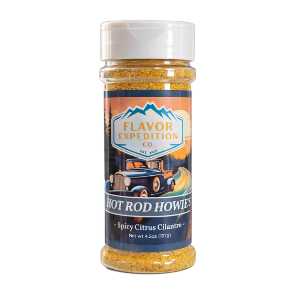 Bottle of Hot Rod Howie's Spicy Citrus Cilantro Seasoning showcasing vibrant color and iconic packaging.
