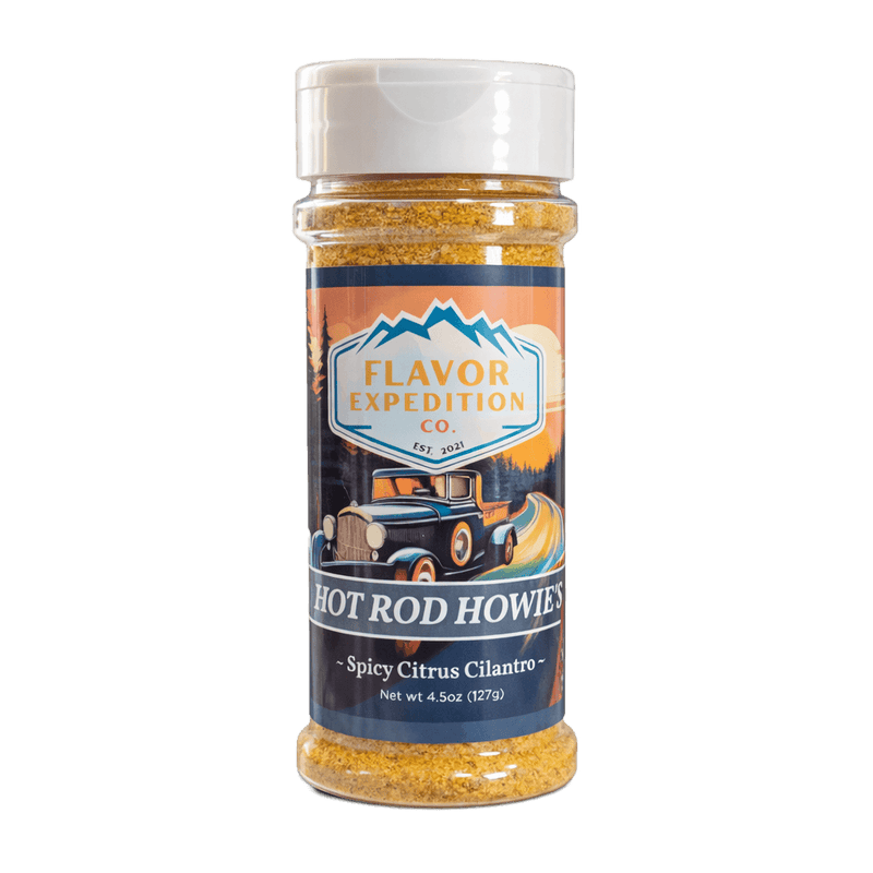 Bottle of Hot Rod Howie's Spicy Citrus Cilantro Seasoning showcasing vibrant color and iconic packaging.