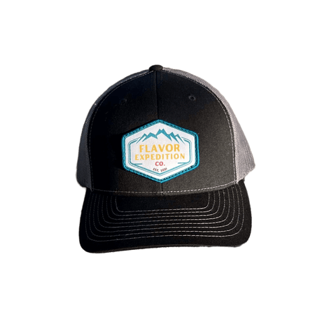 Flavor Expedition Co Patch Hat - Black / Charcoal adjustable hat with vibrant logo for flavor enthusiasts.