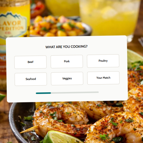 Product quiz overlay asking What Are You Cooking with a photo of seasoned chicken.