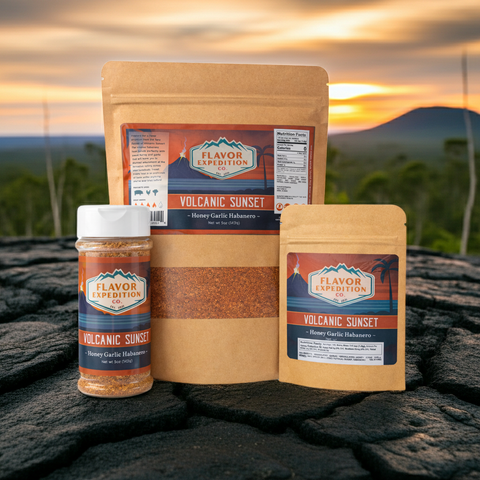 Honey Garlic Habanero Seasoning - Volcanic Sunset products on display against a beautiful sunset backdrop.