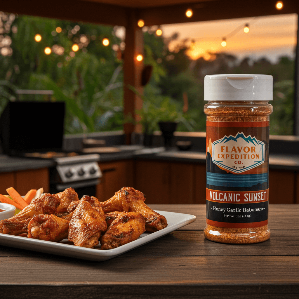 Honey Garlic Habanero Seasoning with chicken wings on a plate in a cozy outdoor kitchen setting.