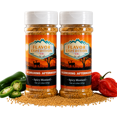 Two jars of 'Scorching Afternoon' spicy mustard from Flavor Expedition Co. with peppers and mustard seeds on a white background.