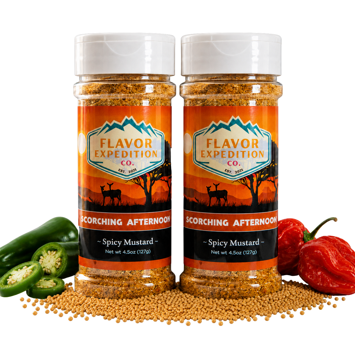 Spicy Mustard Seasoning - Scorching Afternoon jars with peppers, showcasing bold flavor for grilling and marinating. [pack-2]