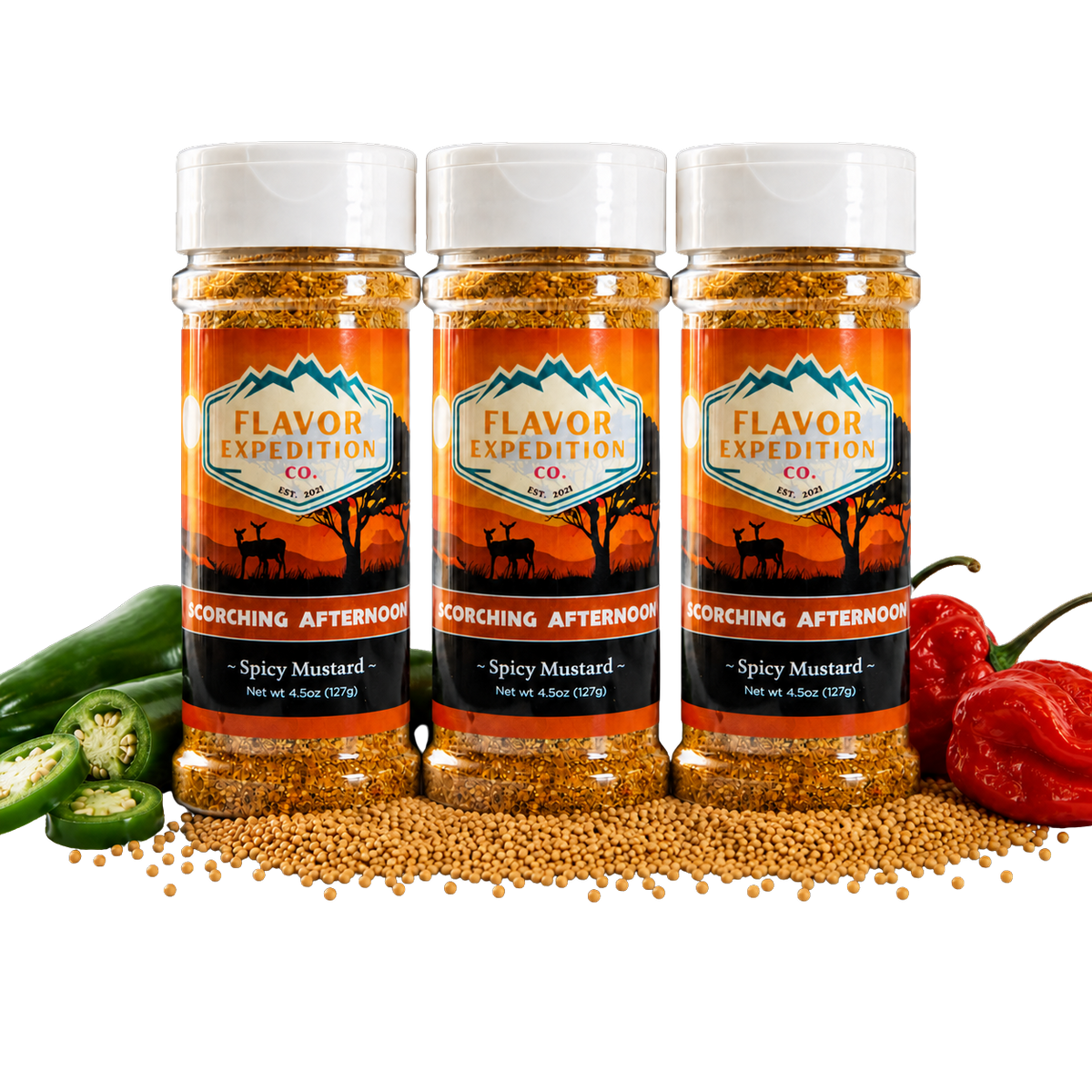 Spicy Mustard Seasoning bottles from Flavor Expedition, showcasing Scorching Afternoon blend with vibrant peppers. [pack-3]