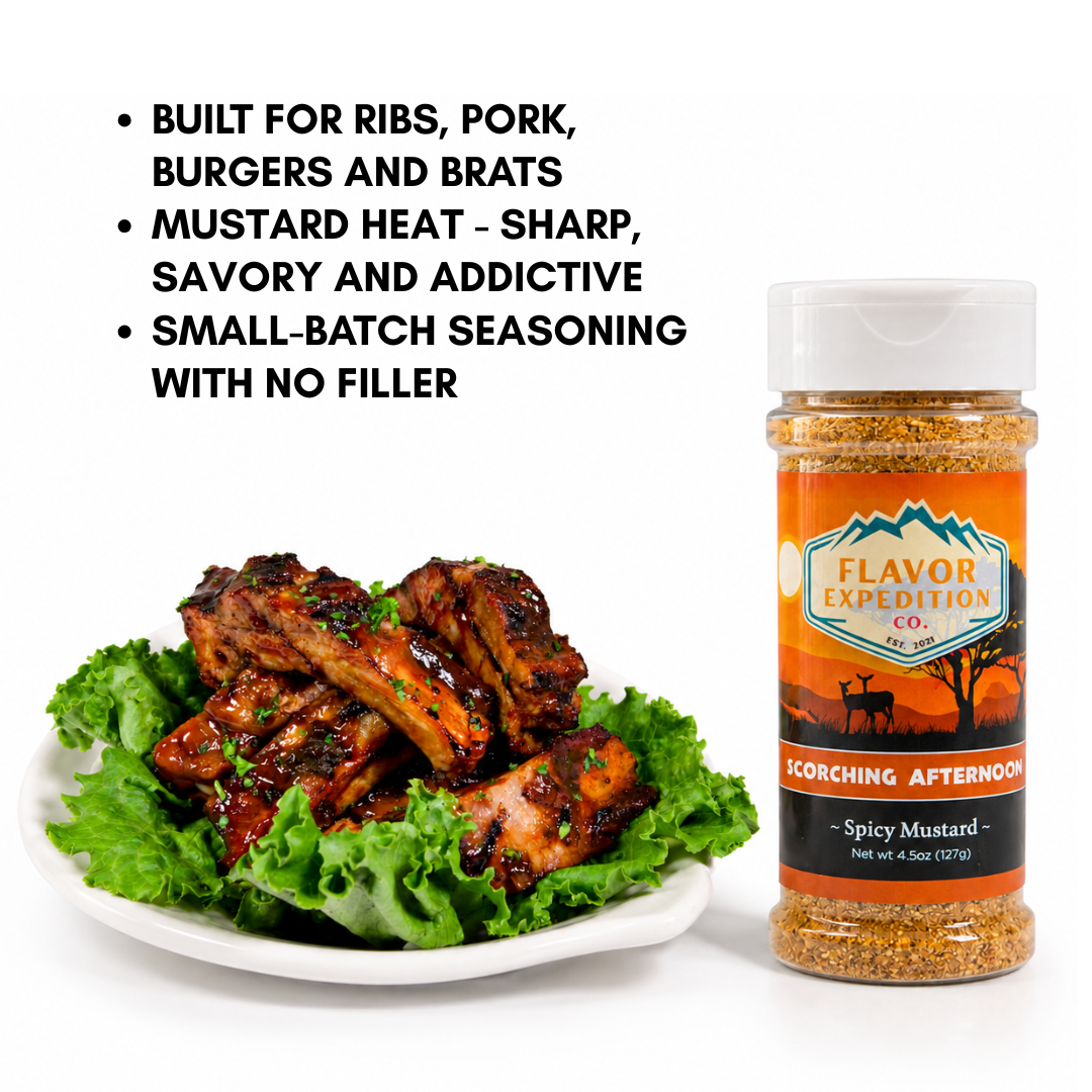 Spicy mustard seasoning bottle with grilled ribs on a white background