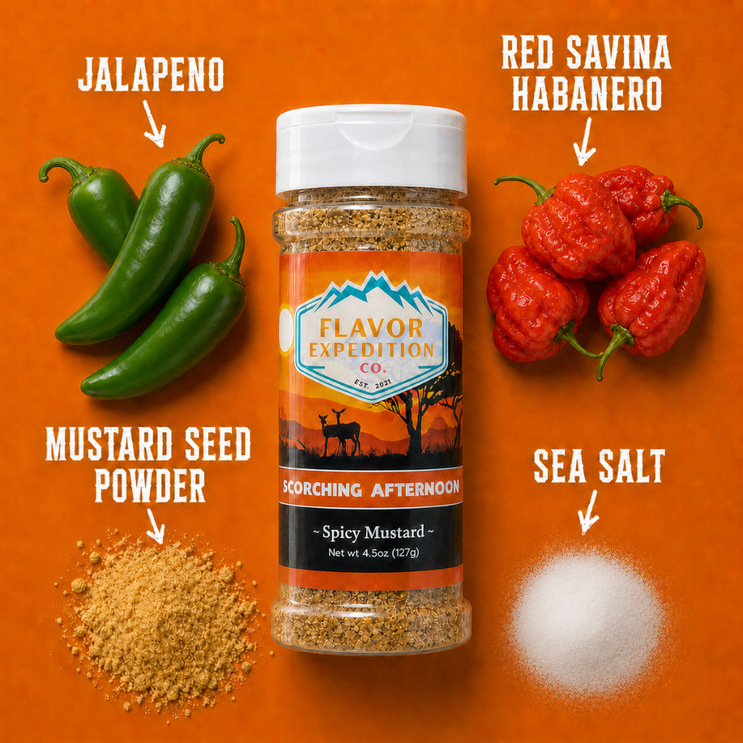 Spicy mustard seasoning bottle with jalapeno, red savina habanero, mustard seed powder, and sea salt on an orange background.