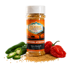 Spicy mustard seasoning jar with peppers and mustard seeds on a white background