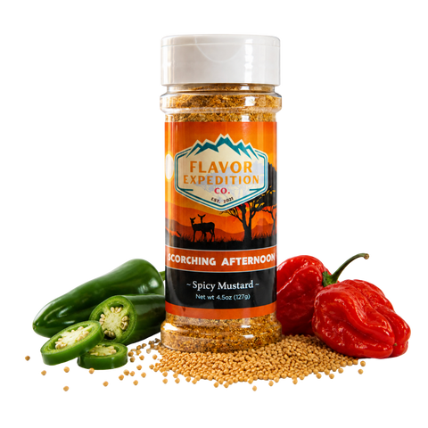 Spicy mustard seasoning jar with peppers and mustard seeds on a white background