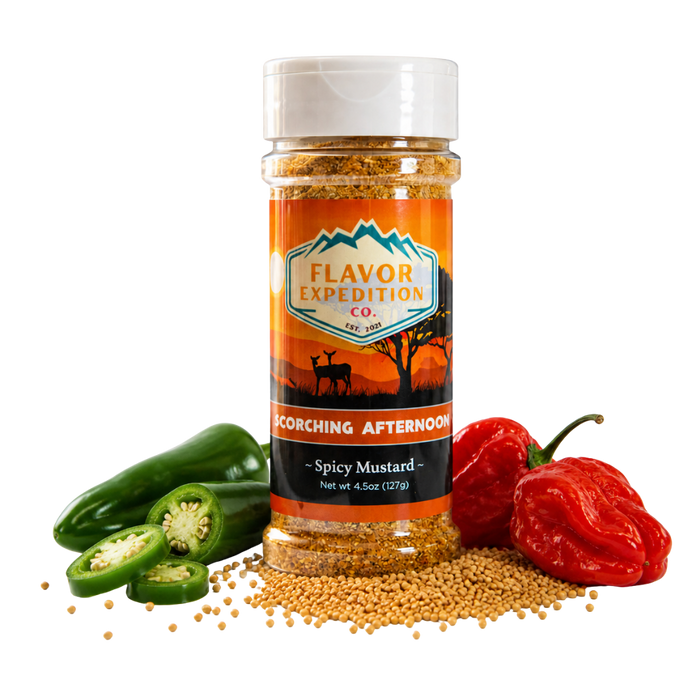 Spicy mustard seasoning jar with peppers and mustard seeds on a white background