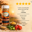 Spice jar with ingredients and customer reviews on a scenic background