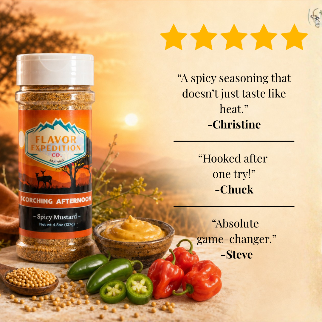 Spicy Mustard Seasoning in a jar with quotes and five-star rating, showcasing flavorful cooking options.