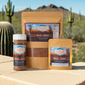 Chili Lime Basil Seasoning products by Slow Noon displayed against a scenic desert backdrop.