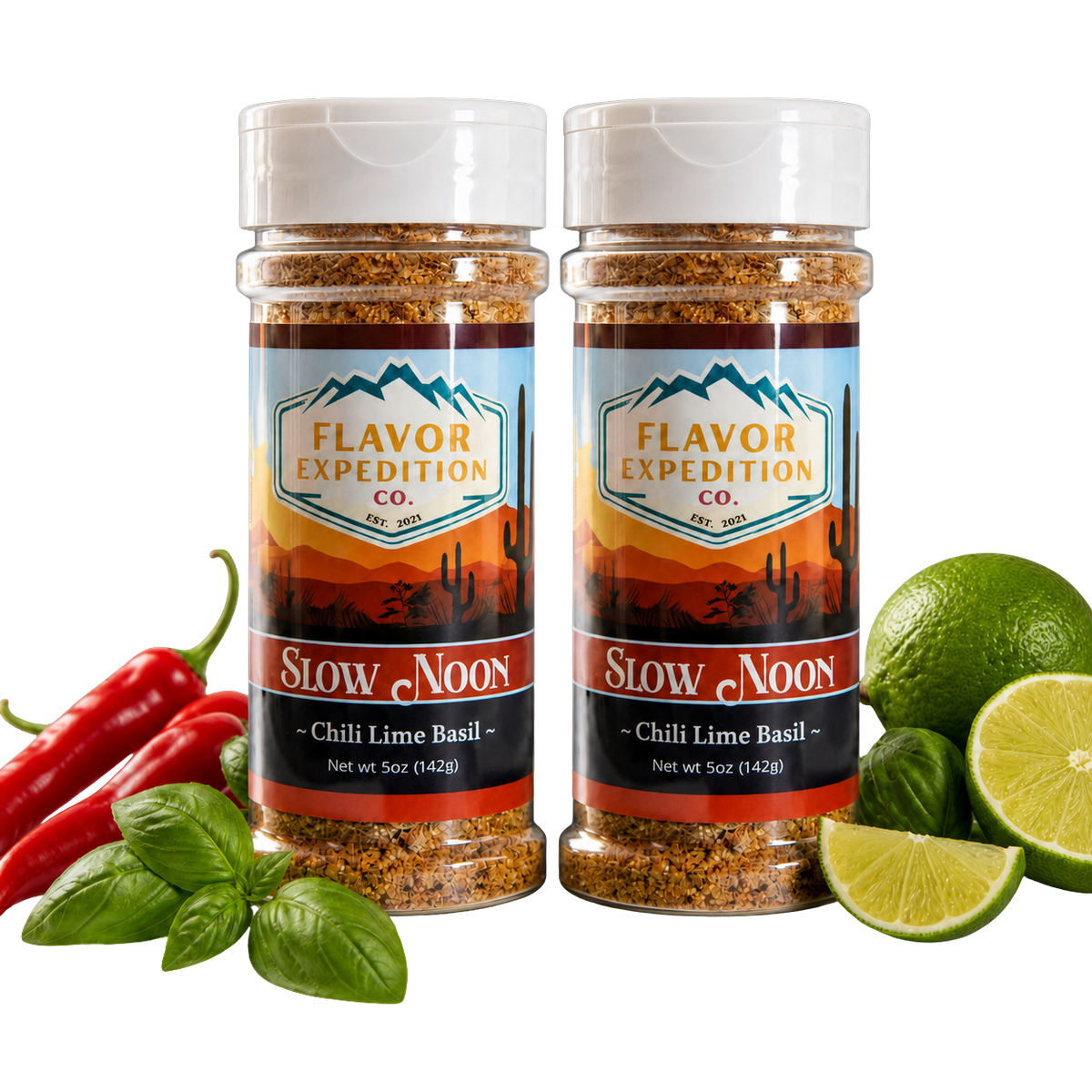 Two jars of Flavor Expedition Co. Slow Noon Chili Lime Basil seasoning with chili peppers, lime, and basil on a white background. [pack-2]