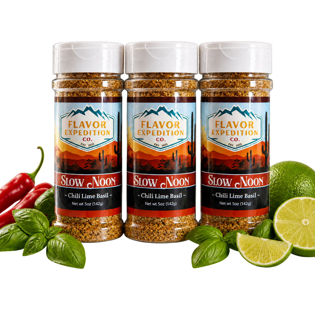 Three jars of 'Slow Noon' Chili Lime Basil seasoning with chili peppers, lime, and basil on a white background. [pack-3]
