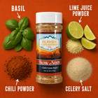 Spice jar labeled 'Flavor Expedition Co.' with basil, lime juice powder, chili powder, and celery salt on an orange background.