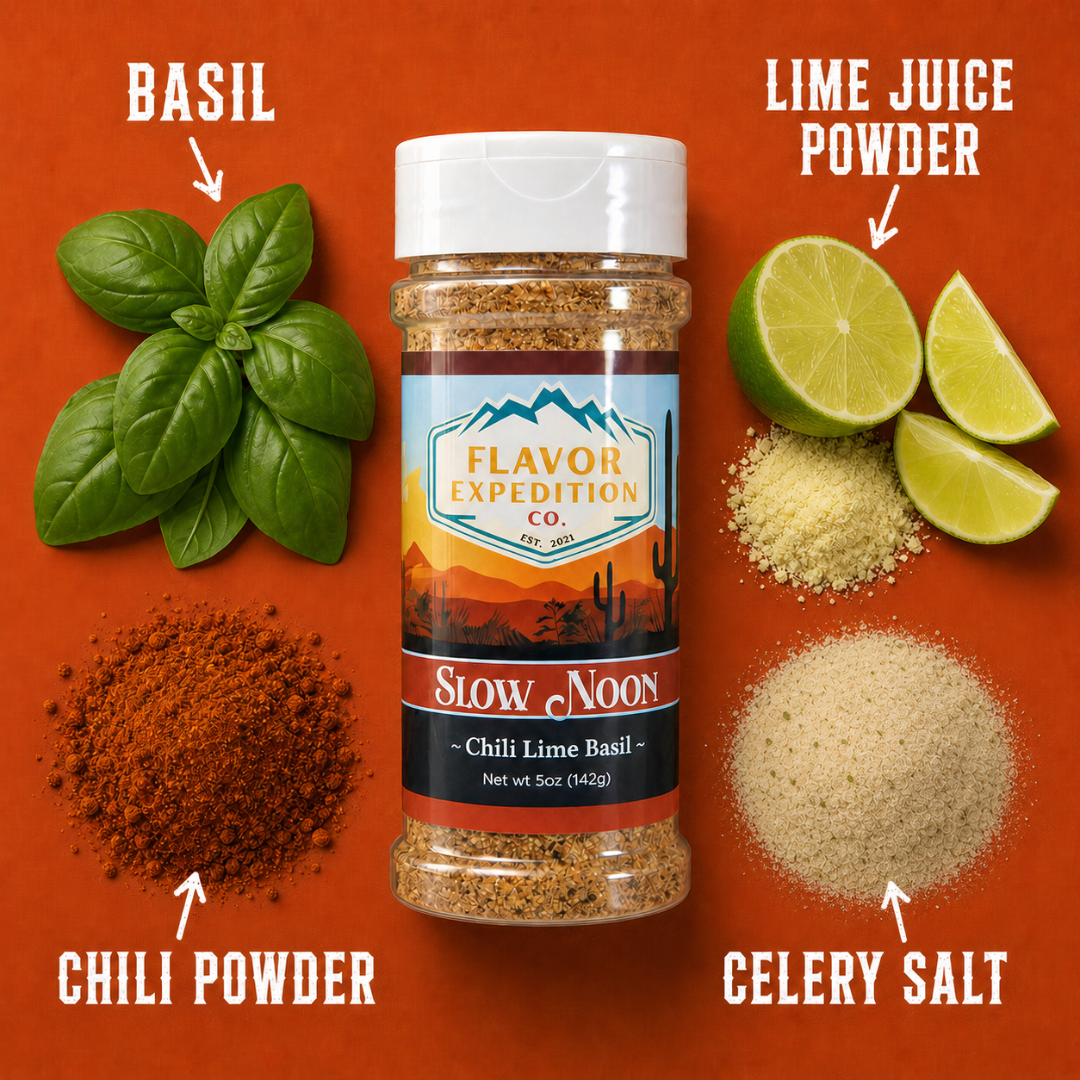 Chili Lime Basil Seasoning with basil, chili powder, lime juice powder, and celery salt in packaging.