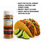 Flavor Expedition Co. seasoning jar with tacos and lime wedges on a white background