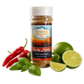Spice jar labeled 'Flavor Expedition Co.' with chili peppers, limes, and basil on a white background
