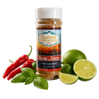 Spice jar labeled 'Flavor Expedition Co.' with chili peppers, limes, and basil on a white background
