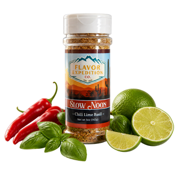 Spice jar labeled 'Flavor Expedition Co.' with chili peppers, limes, and basil on a white background